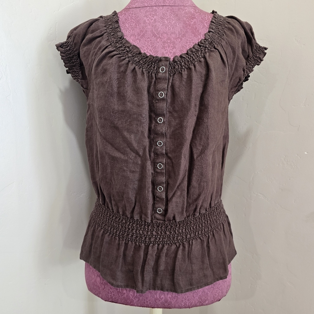 Y2K Linen Saint Tropez West Women's Small Brown Peasant Top Ruched Buttons